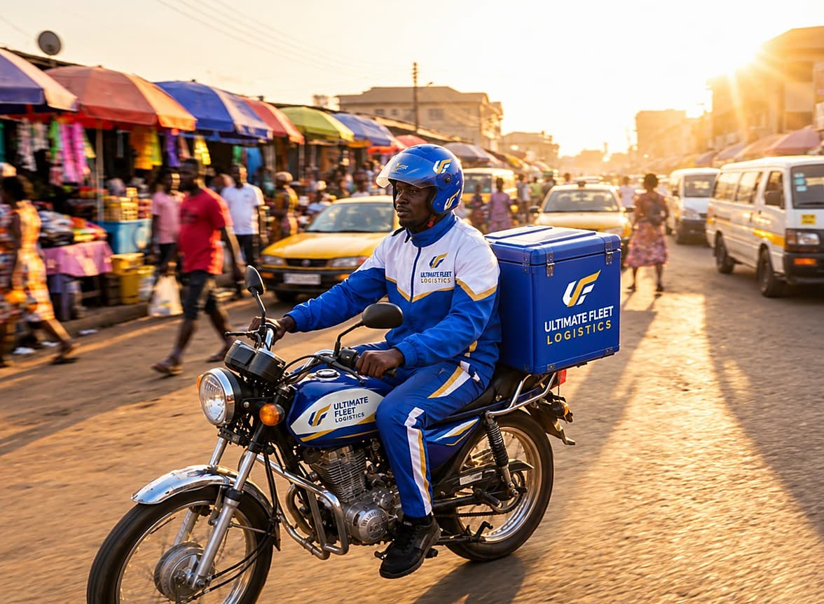 An Ultimate Fleet Logistics dispatch rider making a delivery by motorcycle