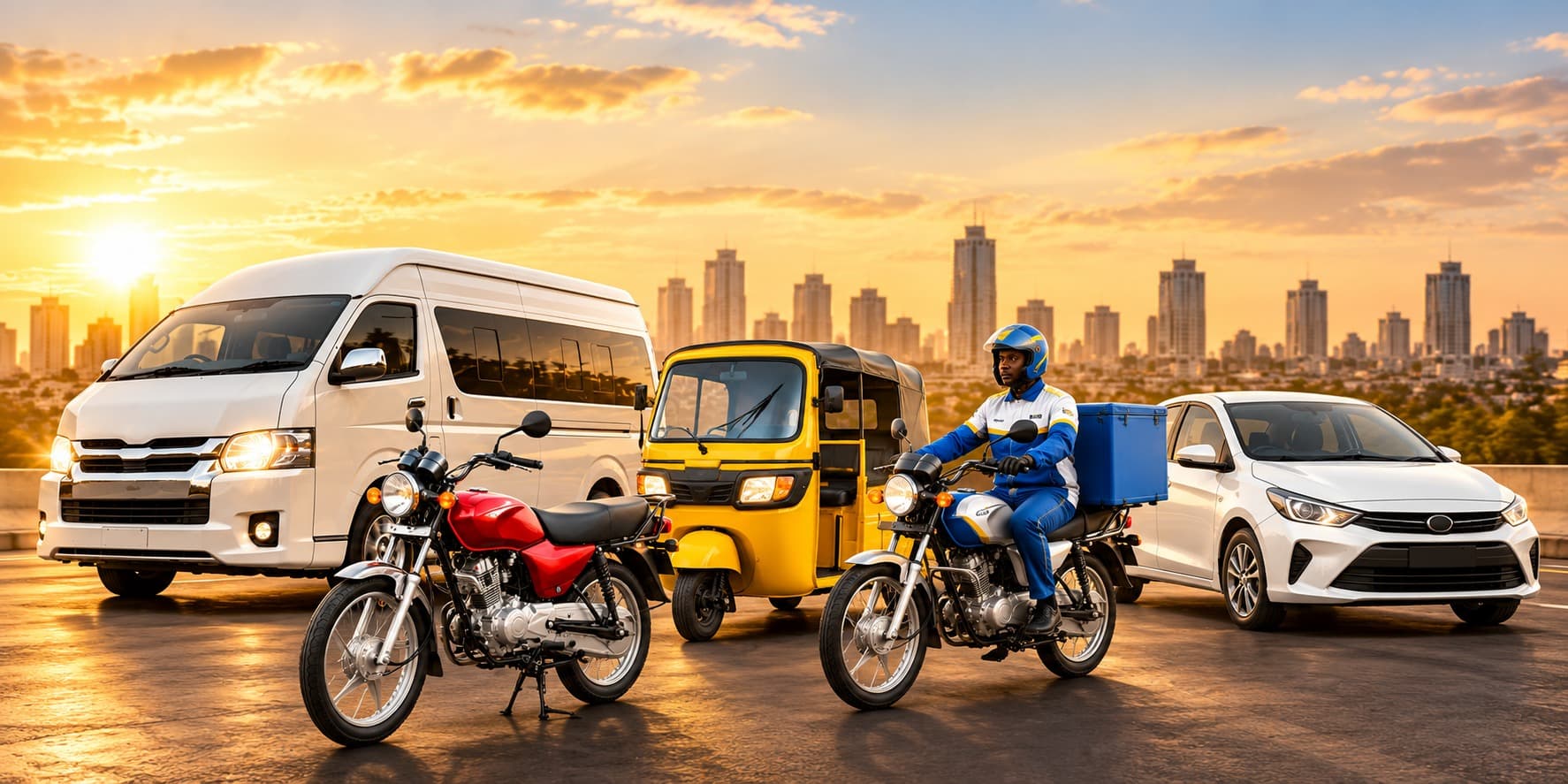 A keke, a dispatch motorcycle, and a passenger car, the vehicle types Ultimate Fleet Logistics manages