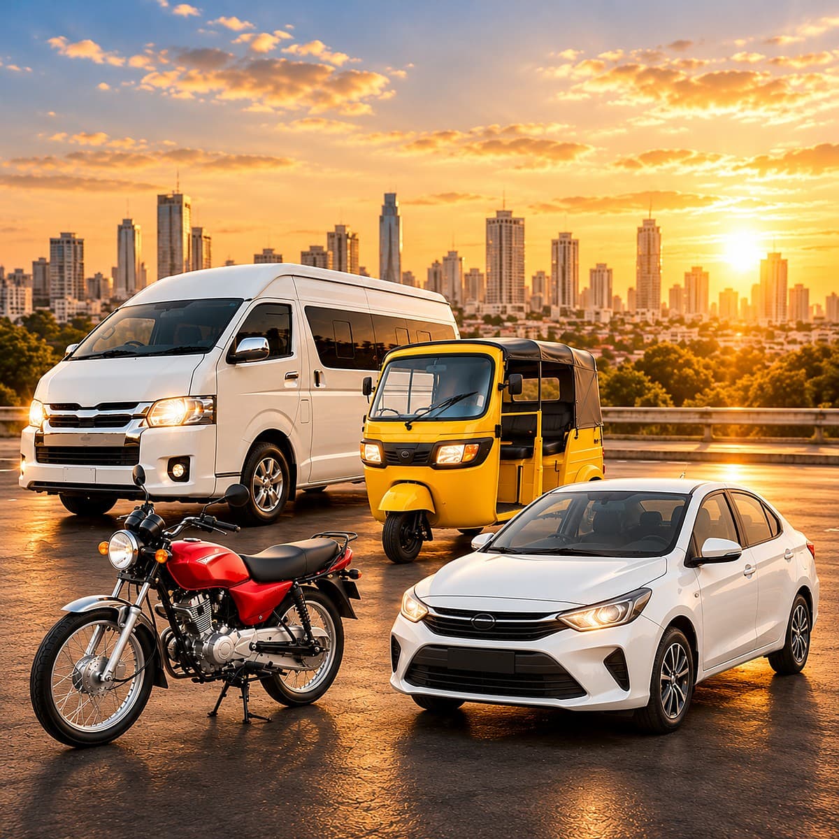 A keke, a dispatch motorcycle, and a car, the fleet types managed on the platform